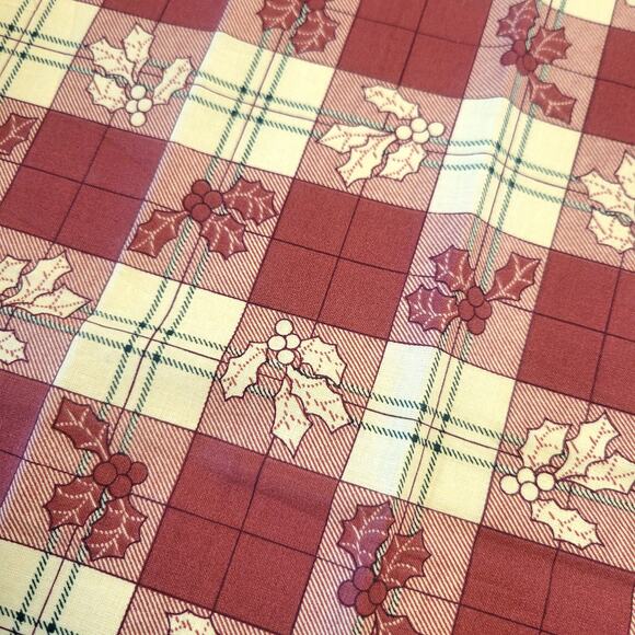 Cotton Fabric Holly Leaves Berries Red Cream Plaid Christmas Print 18x44" CPW - Picture 9 of 10